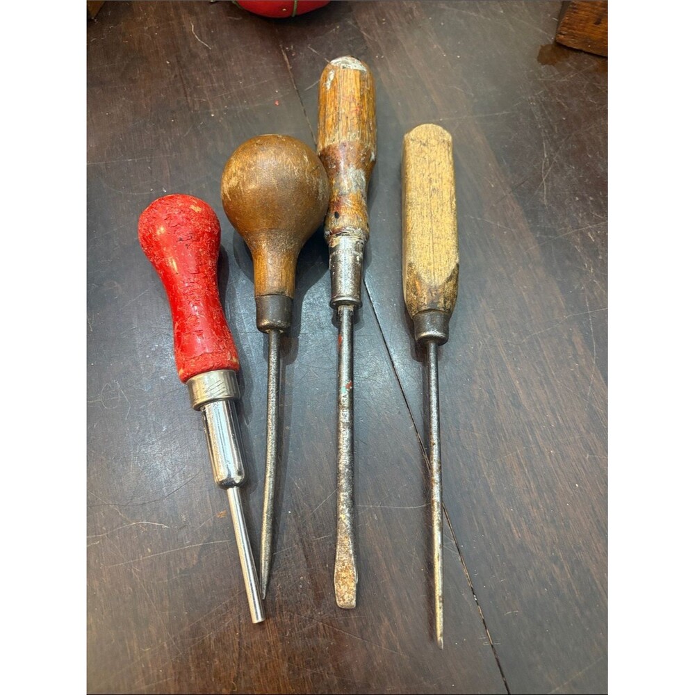 Set of 4 Vintage tools with Wood Handles - Red and Natural Tones